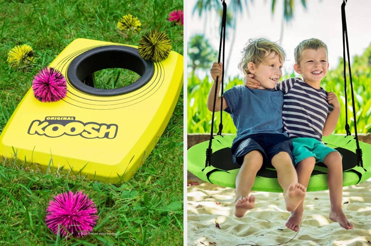 Koosh toys on grass; two smiling children on a disc swing