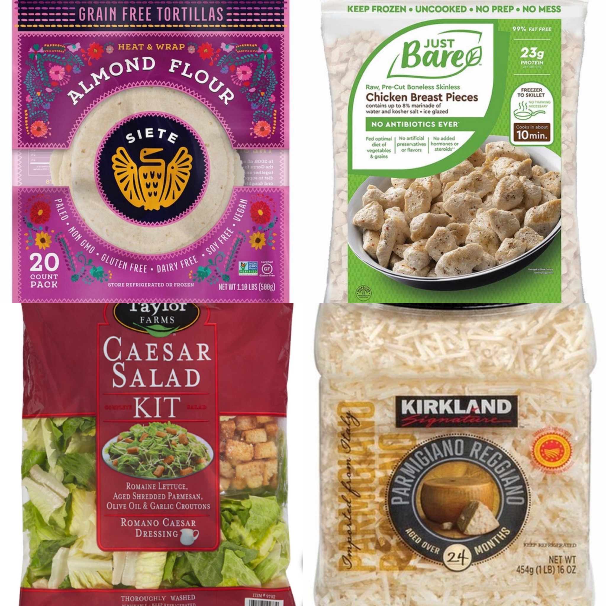 Packaged food items: almond flour tortillas, chicken breast pieces, Caesar salad kit, and grated Parmesan cheese