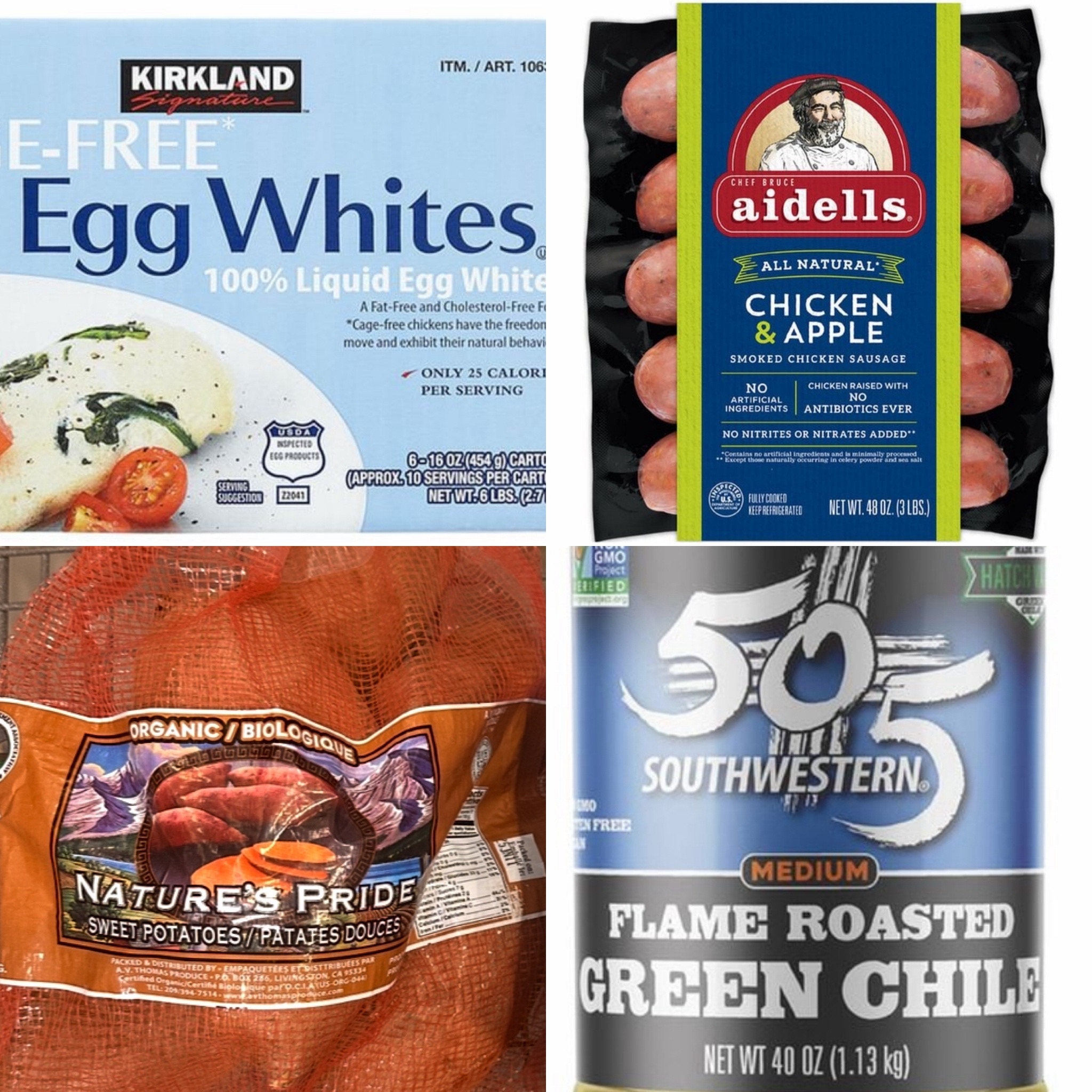 Egg whites, chicken apple sausage, organic sweet potatoes, and roasted green chiles