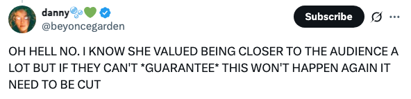 Tweet by user about an incident affecting someone's closeness to the audience, suggesting it should be cut if not guaranteed safe