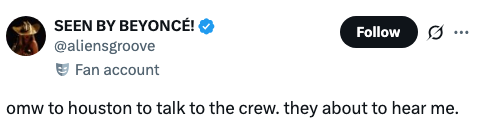 Tweet by @aliensgroove: "omw to houston to talk to the crew. they about to hear me."