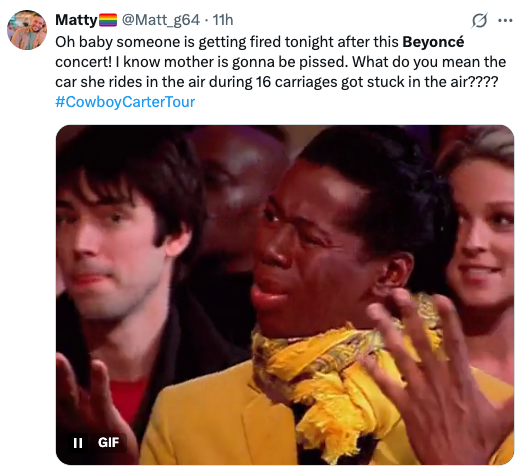 Person reacting with an expressive face at an event. Tweet above humorously references Beyoncé's concert