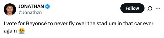 Tweet expressing a humorous opinion against Beyoncé flying over a stadium in a car, with a crying emoji