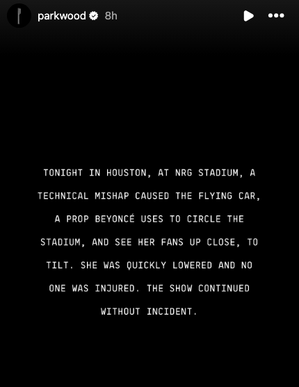 Text about a technical mishap with Beyoncé's flying car prop at NRG Stadium. No injuries reported; the show continued smoothly