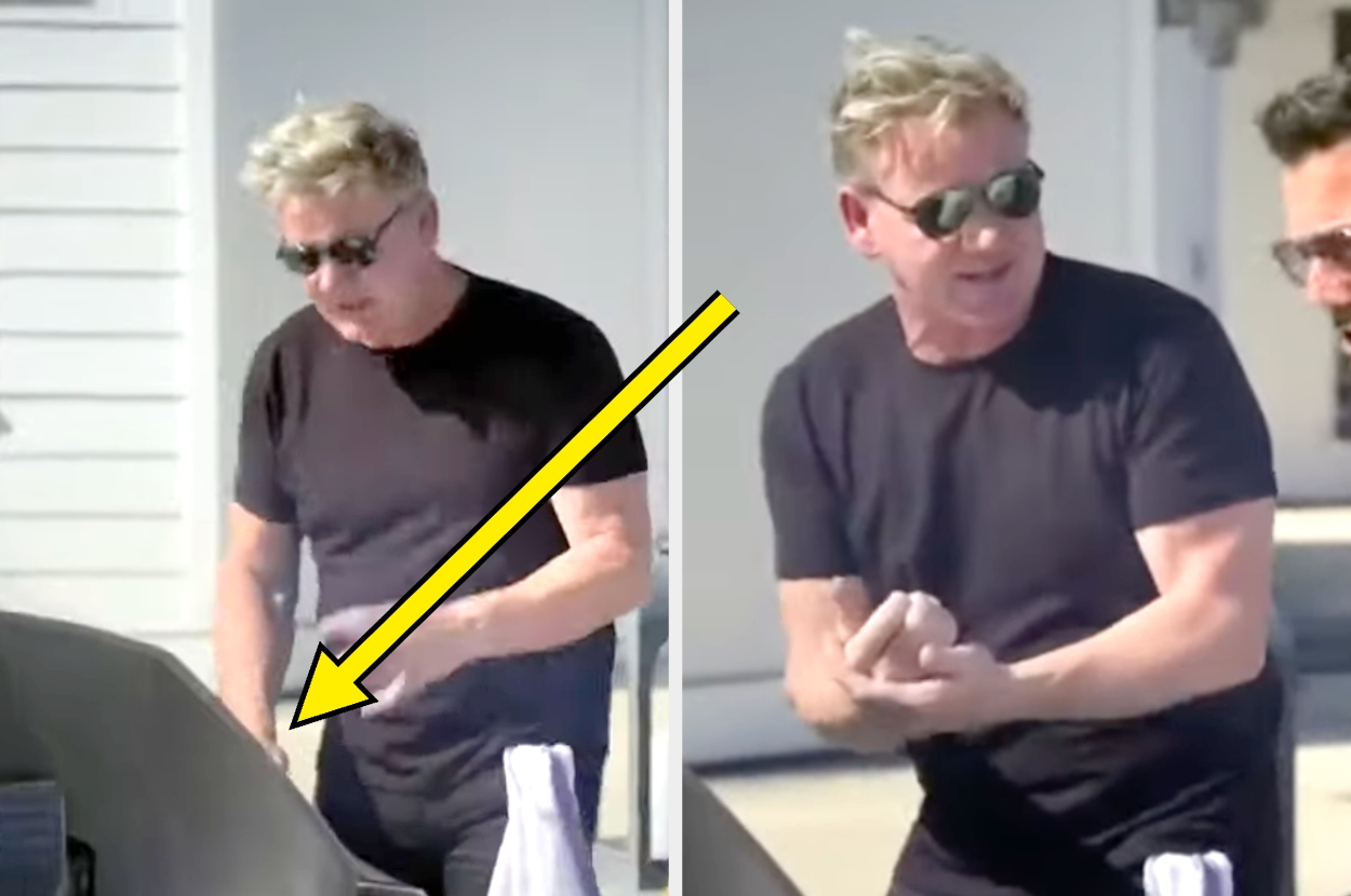 Gordon Ramsay outside cooking on a grill