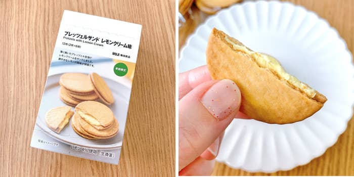 パッケージとクリーム入りビスケットを手で持った写真。