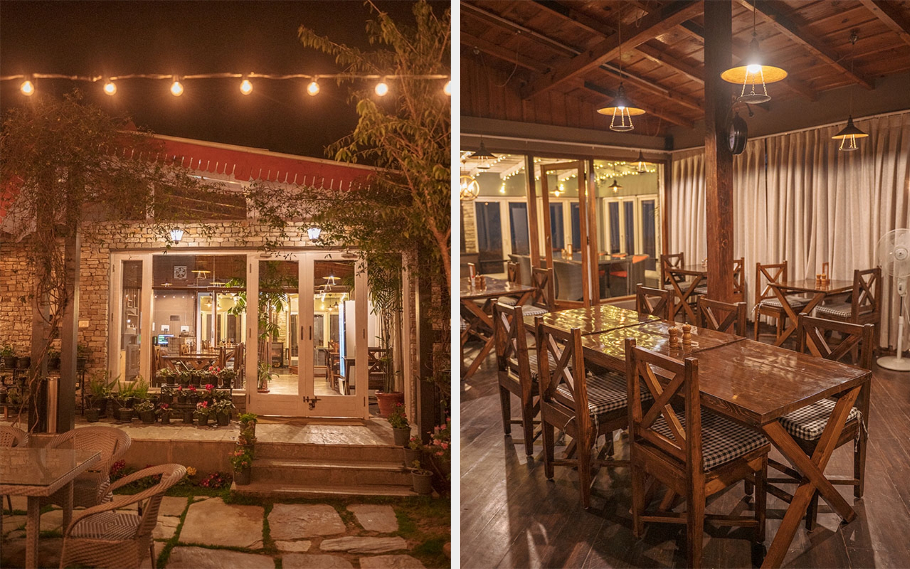 Cozy outdoor dining area with string lights, surrounded by plants, leading to a warmly lit restaurant interior through glass doors