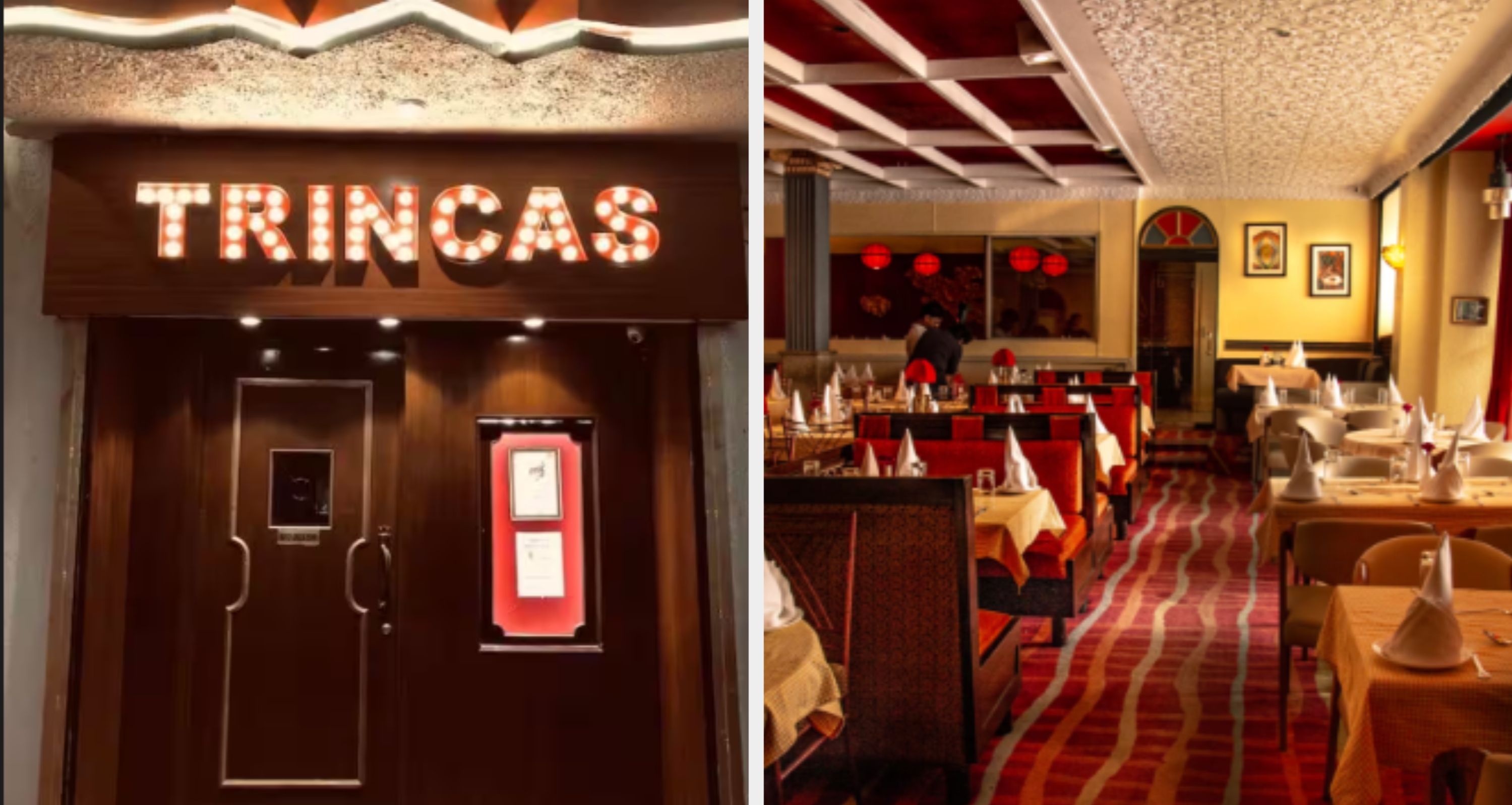 Entrance to Trincas with a lit-up sign above a wooden door, suggesting a welcoming or prominent venue