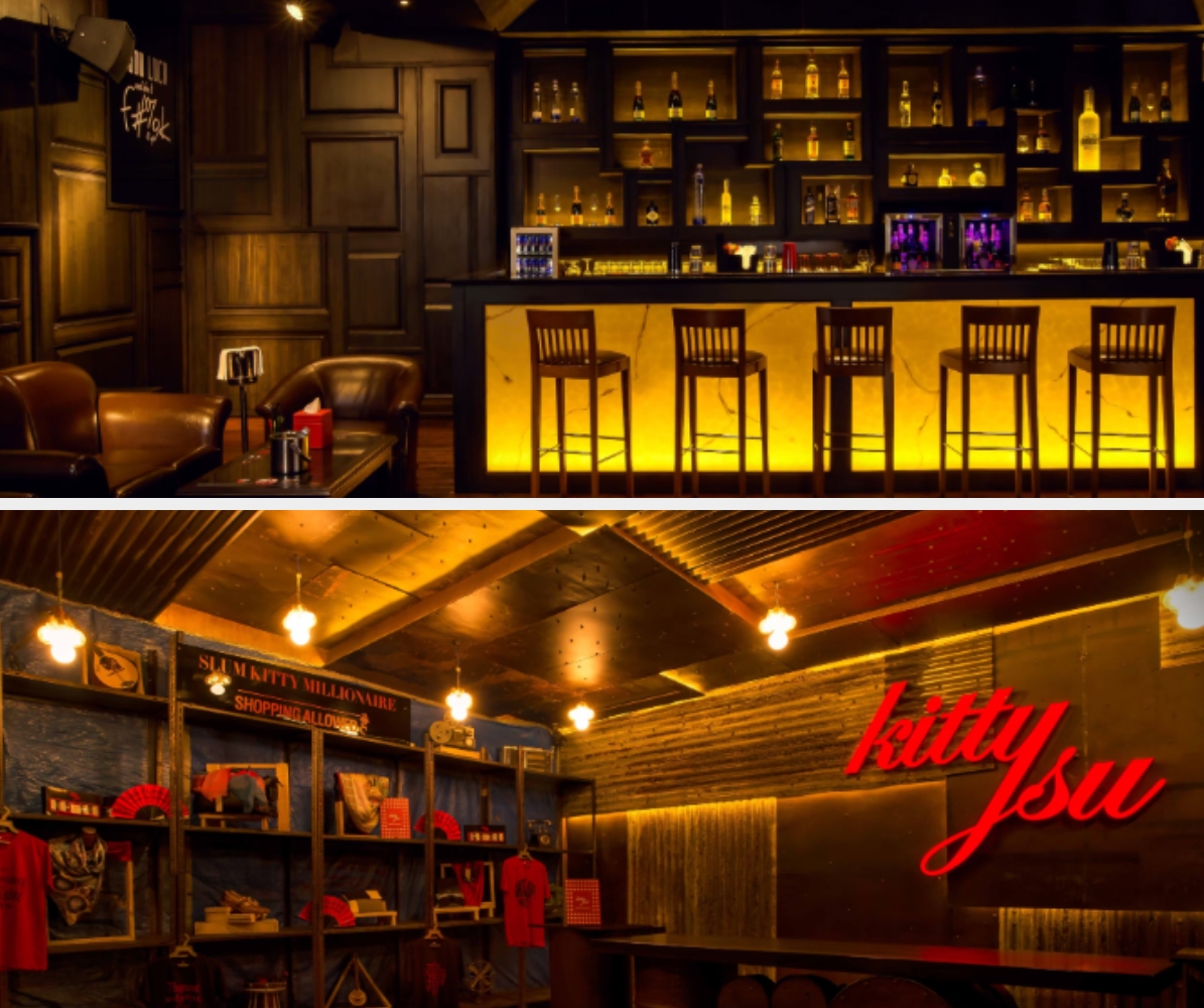 Dimly lit bar with a lined-up countertop and seating; below, a neon-lit store area with &quot;Kitty Su&quot; sign and merchandise displayed