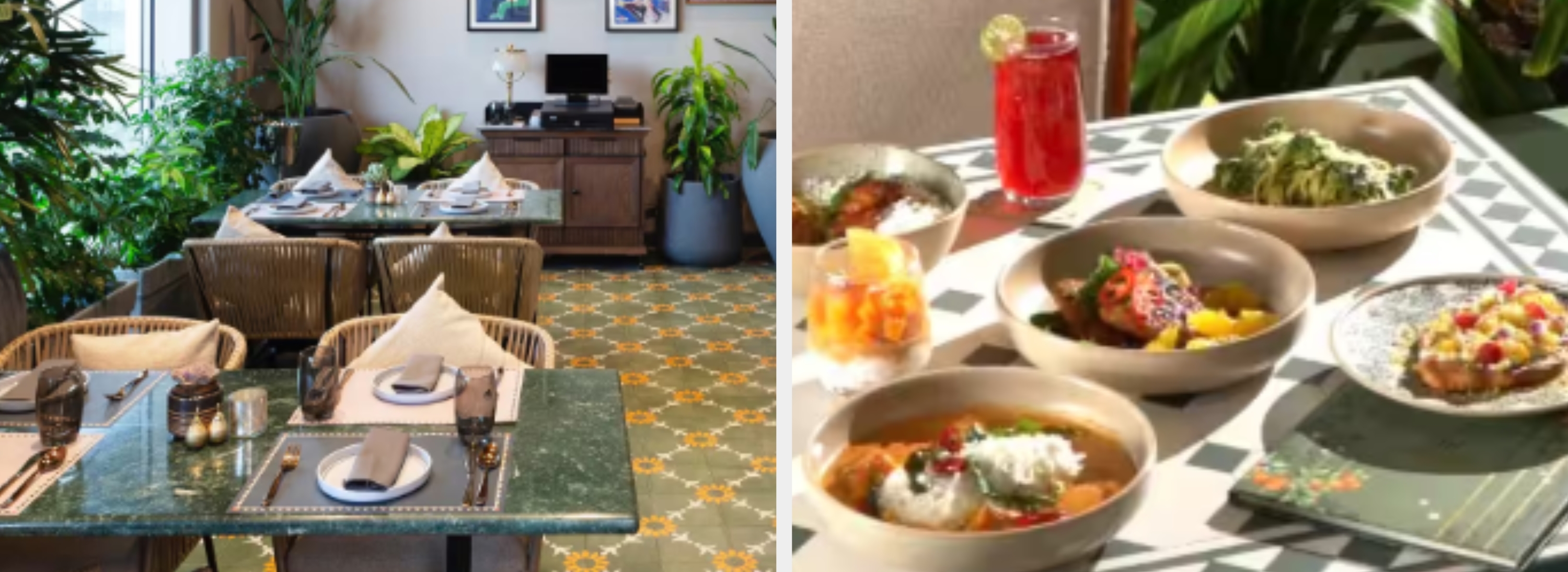Outdoor dining table setting and close-up of a table with various elegant dishes and a red drink