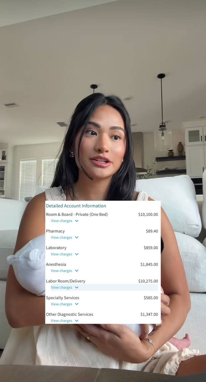 Woman holding a baby, sitting astatine  location  with infirmary  measure  details overlayed. Bill includes charges for room, pharmacy, delivery, and different   services