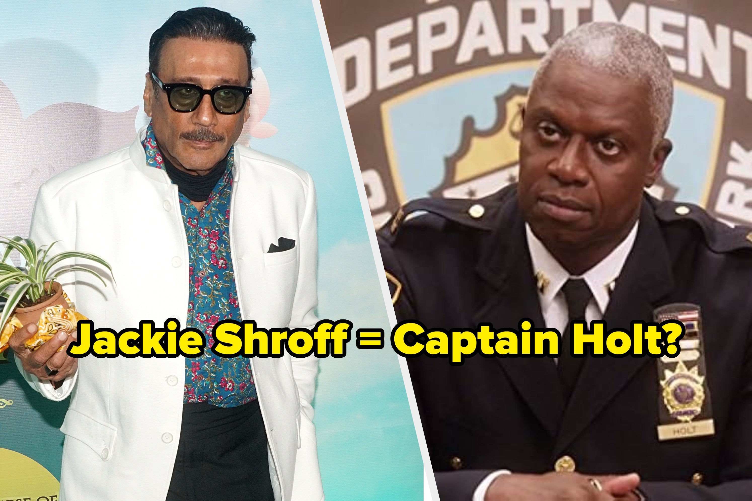 Two side-by-side images: Left, a man in glasses and a patterned shirt; Right, a fictional police captain in uniform, sitting at a desk