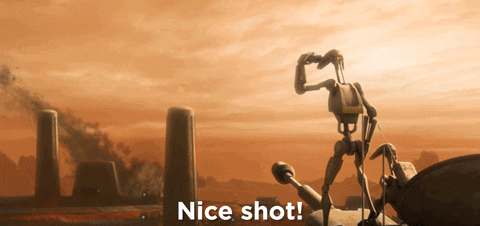 An animated robot salutes on a battlefield with debris. Text reads \"Nice shot!\" Disney+ logo in the corner