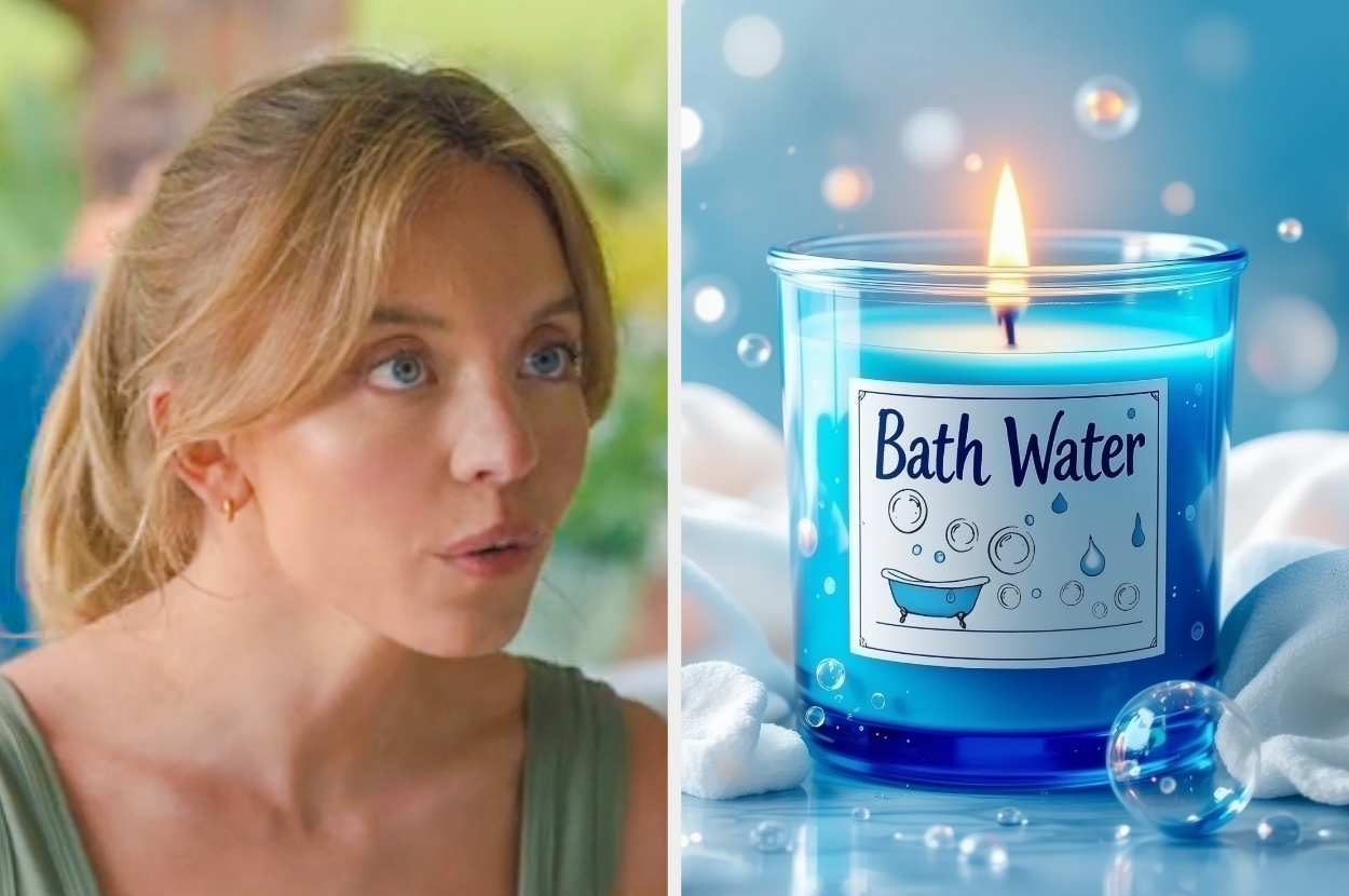 Sydney Sweeney looking surprised; next to a lit candle labeled "Bath Water" with a bathtub and bubbles on the label