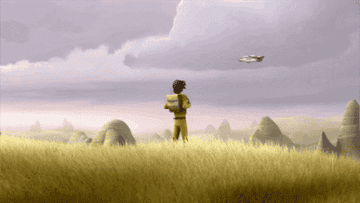 Animated character in a field watches a spaceship fly away in a cloudy sky, evoking a sense of adventure