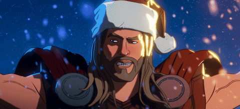 Animated Thor wearing a Santa hat, speaking passionately amidst falling snow in a scene from \"What If...?\" on Disney+
