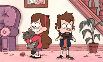 Animated siblings, a girl holds a grumpy cat, and a boy plays a video game, stand in a cozy living room. The scene is from a popular TV show