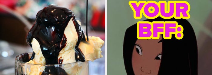 Ice cream sundae with chocolate syrup on the left; illustration of an animated character with long hair labeled "Your BFF" on the right