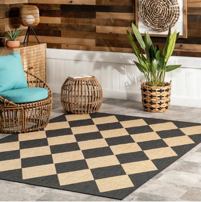 A surviving  country   features a checkered rug, wicker furniture, plants, and wood   paneling, creating a cozy and stylish atmosphere