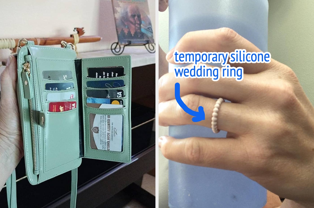Left: Open wallet with cards organized inside. Right: Hand wearing a temporary silicone wedding ring, holding a bottle