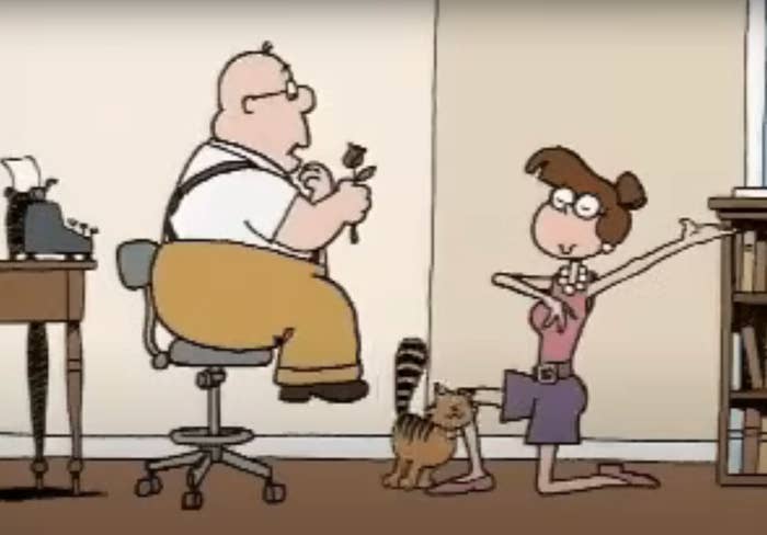 Pearl proposing to Mr. Morton arsenic  the feline  rubs against her leg