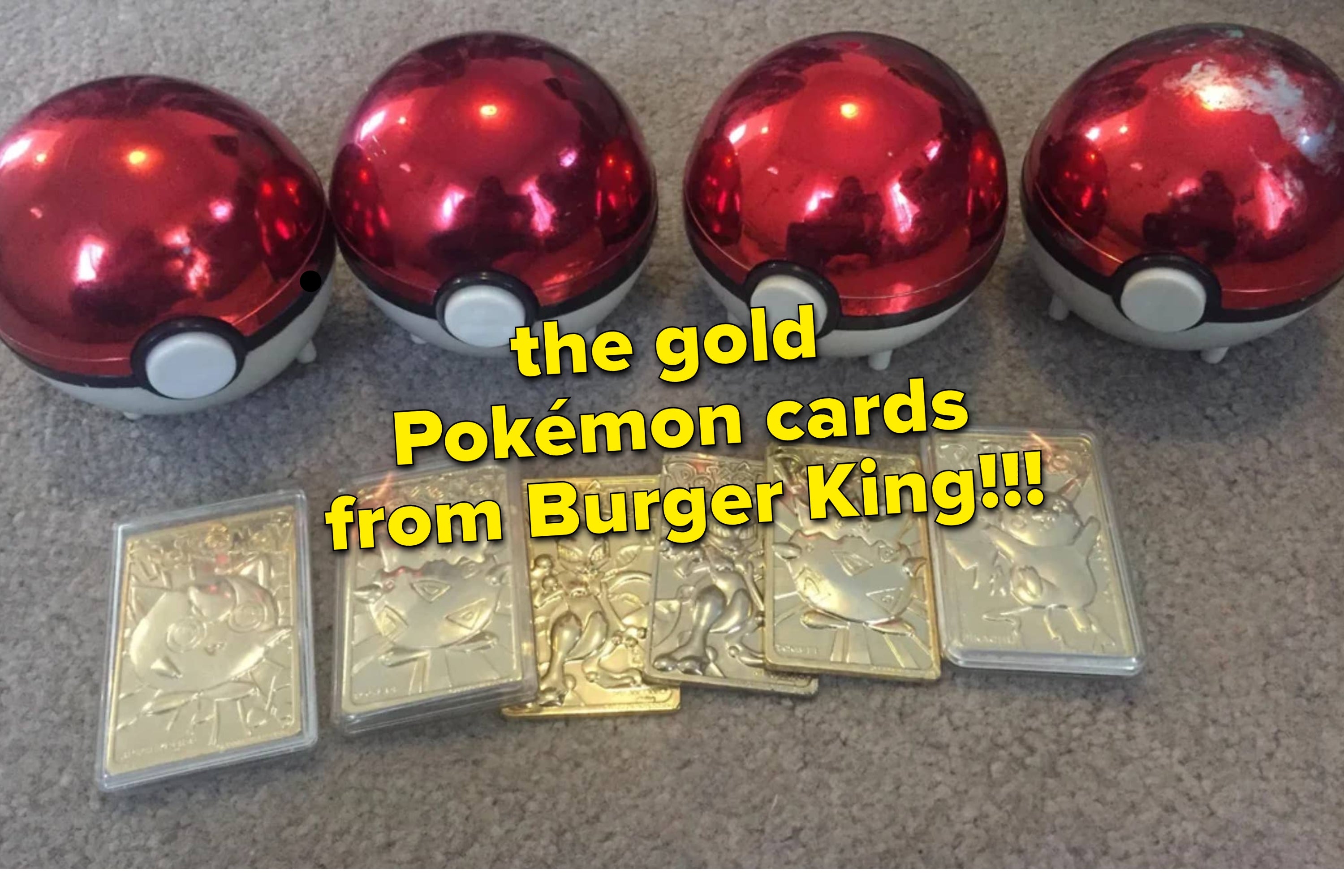 Four red Poké Balls and six gold Pokémon cards