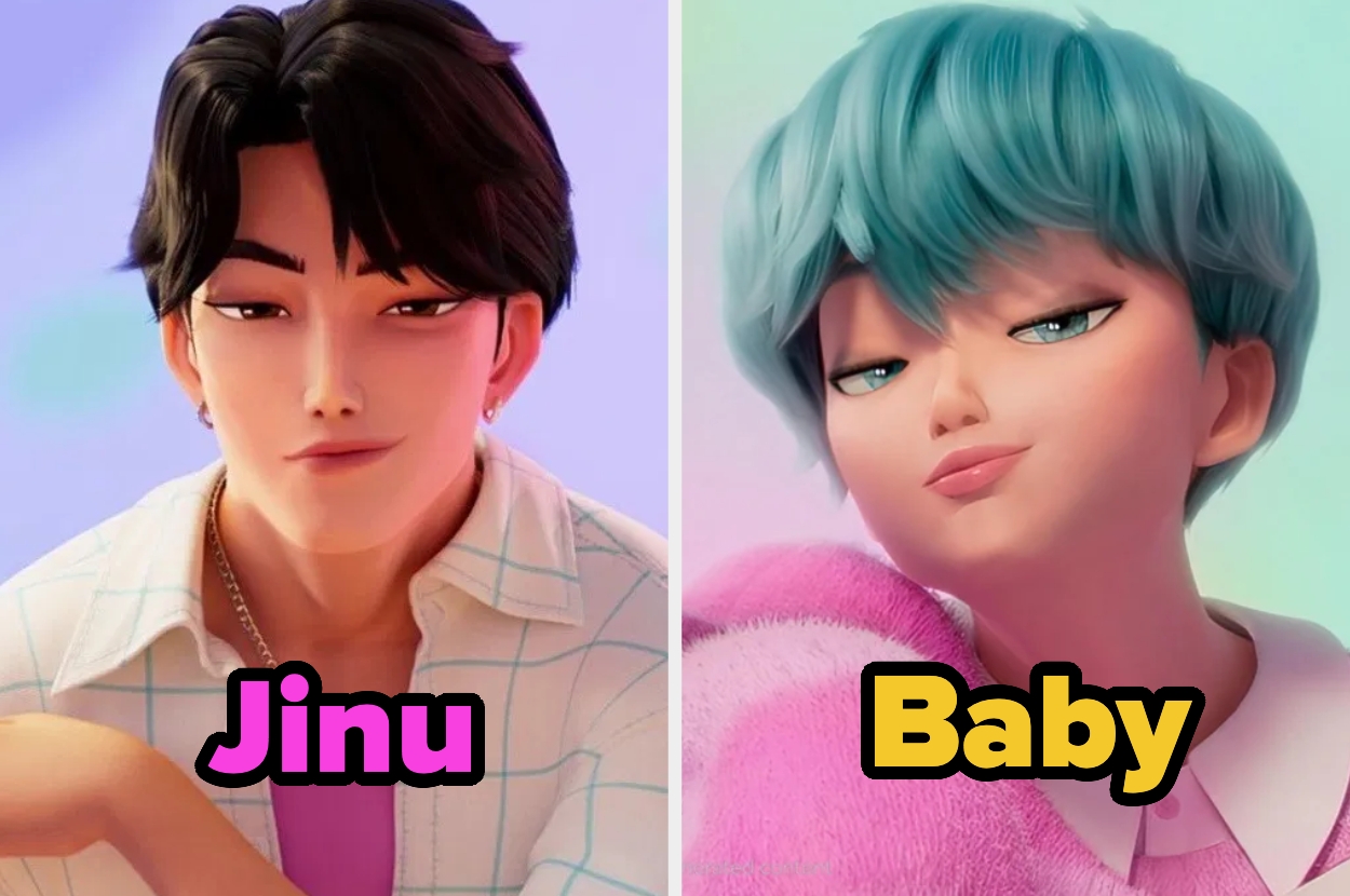 Personajes animados estilo moderno, uno con cabello oscuro y otro con cabello azul, ambos con expresión confiada. Nombres "Jinu" y "Baby"