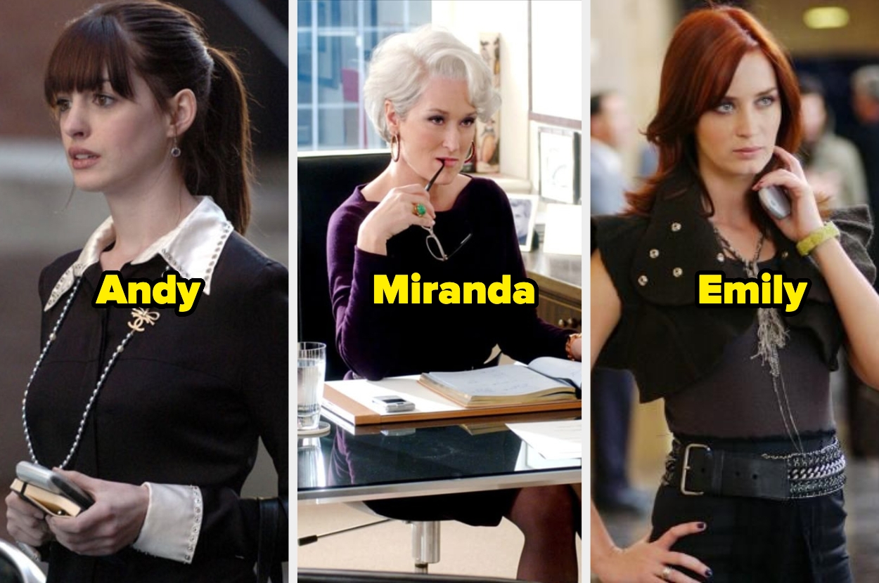Fotogramas de "El diablo viste de Prada" mostrando a Andy con un atuendo formal, Miranda en su oficina y Emily con un look de moda oscuro
