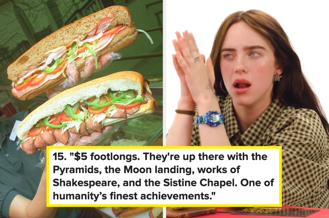 A woman claps, reacting humorously to a text about $5 footlongs being compared to historical achievements. Two large sandwiches are pictured alongside