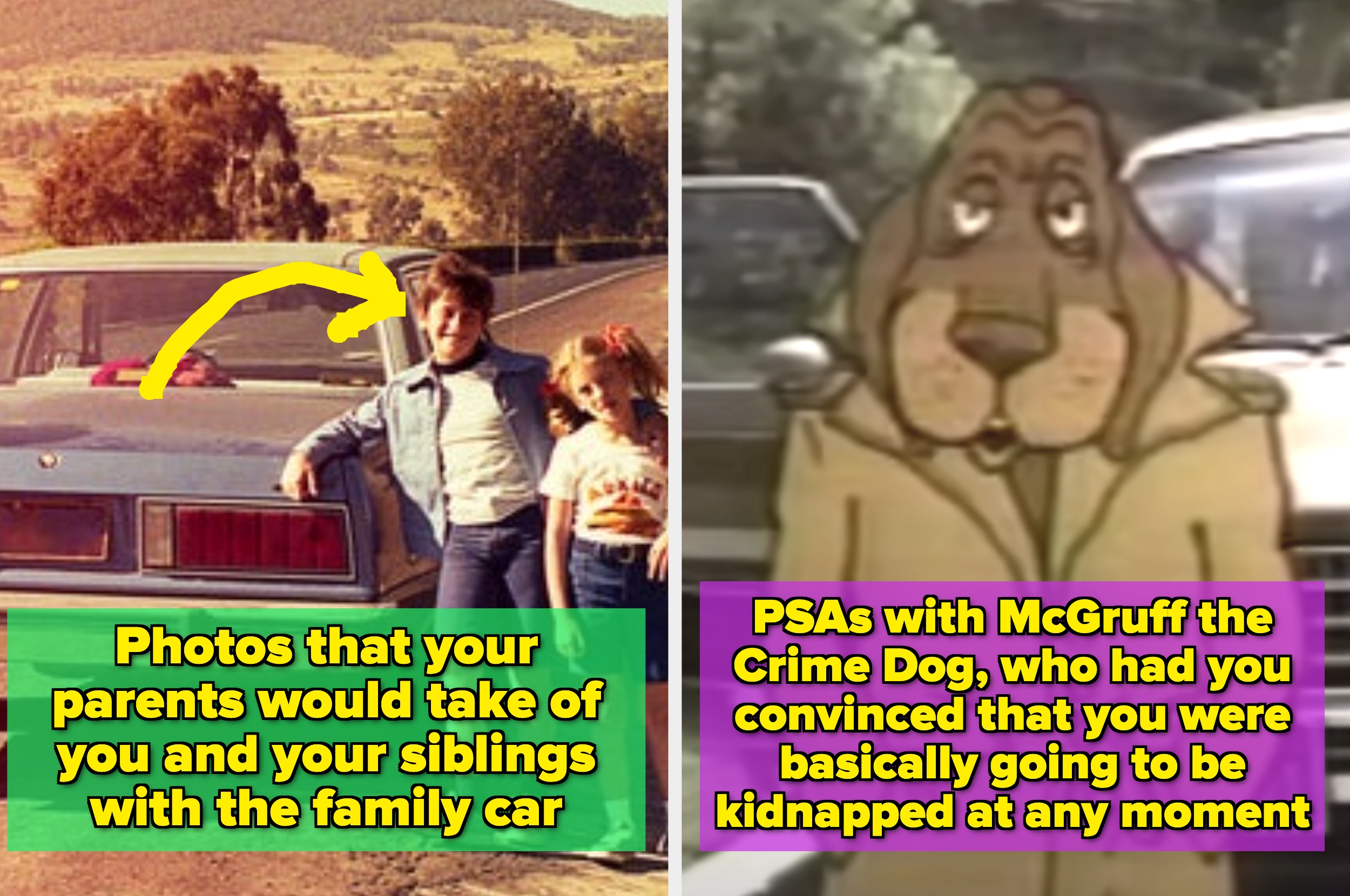 Split image: left side shows kids by a car; right side shows McGruff the Crime Dog. Text contrasts carefree family photos with intense PSAs