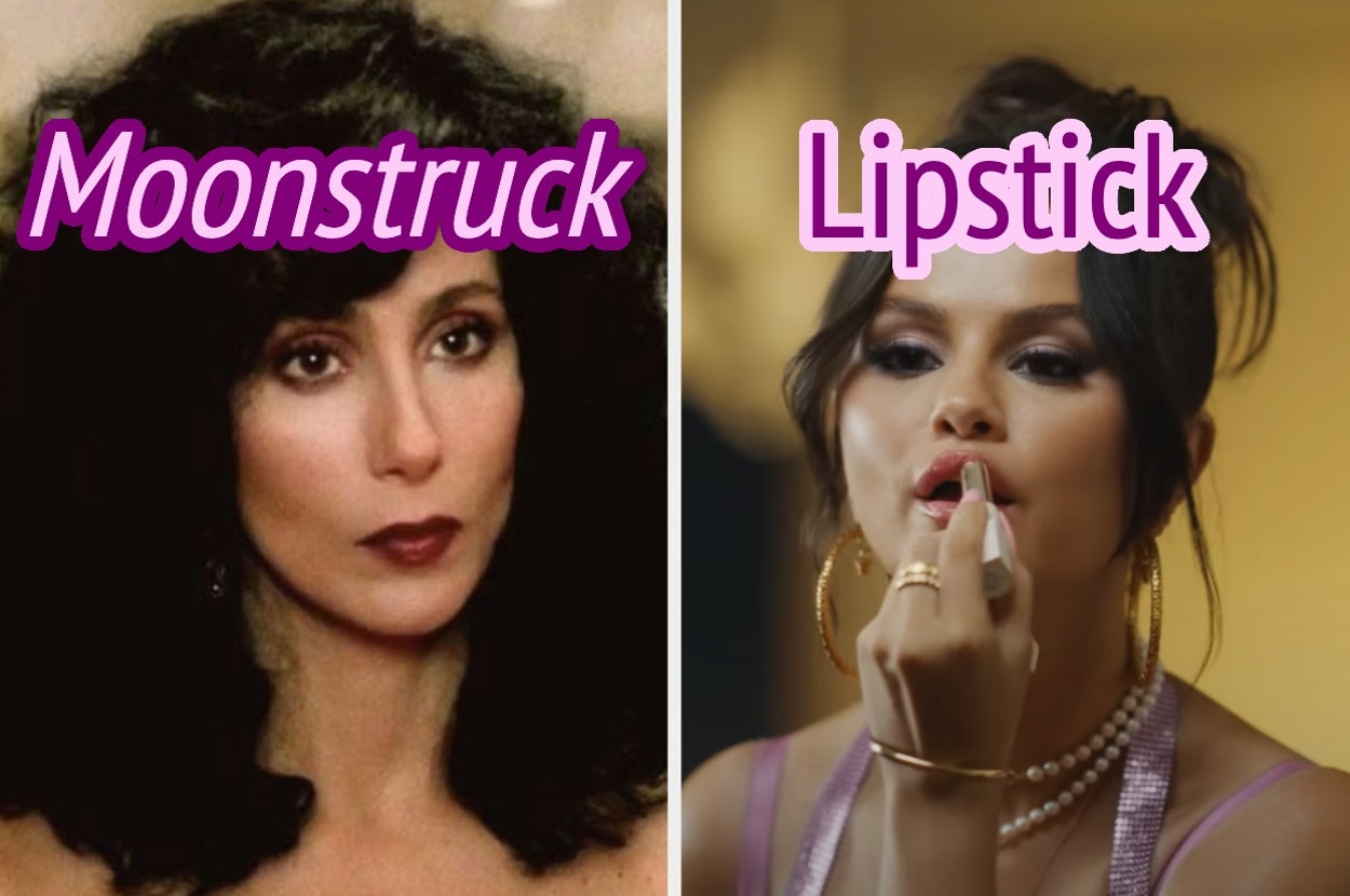 Split image: Left shows a photo of Cher in "Moonstruck." Right shows Selena Gomez in "Single Soon" music video applying lipstick labeled "Lipstick"