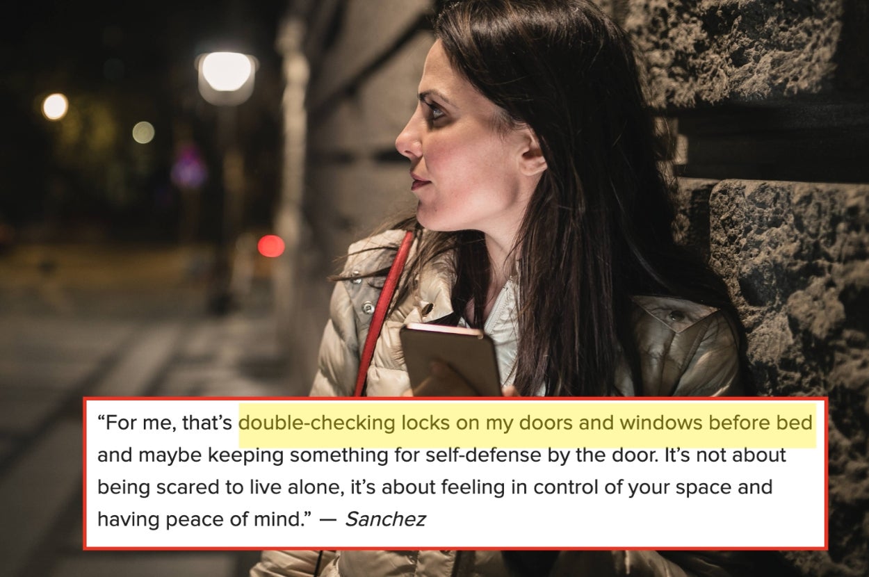 Woman leaning on an outdoor wall, holding a phone. Text emphasizes self-defense and peace of mind achieved by double-checking locks at night