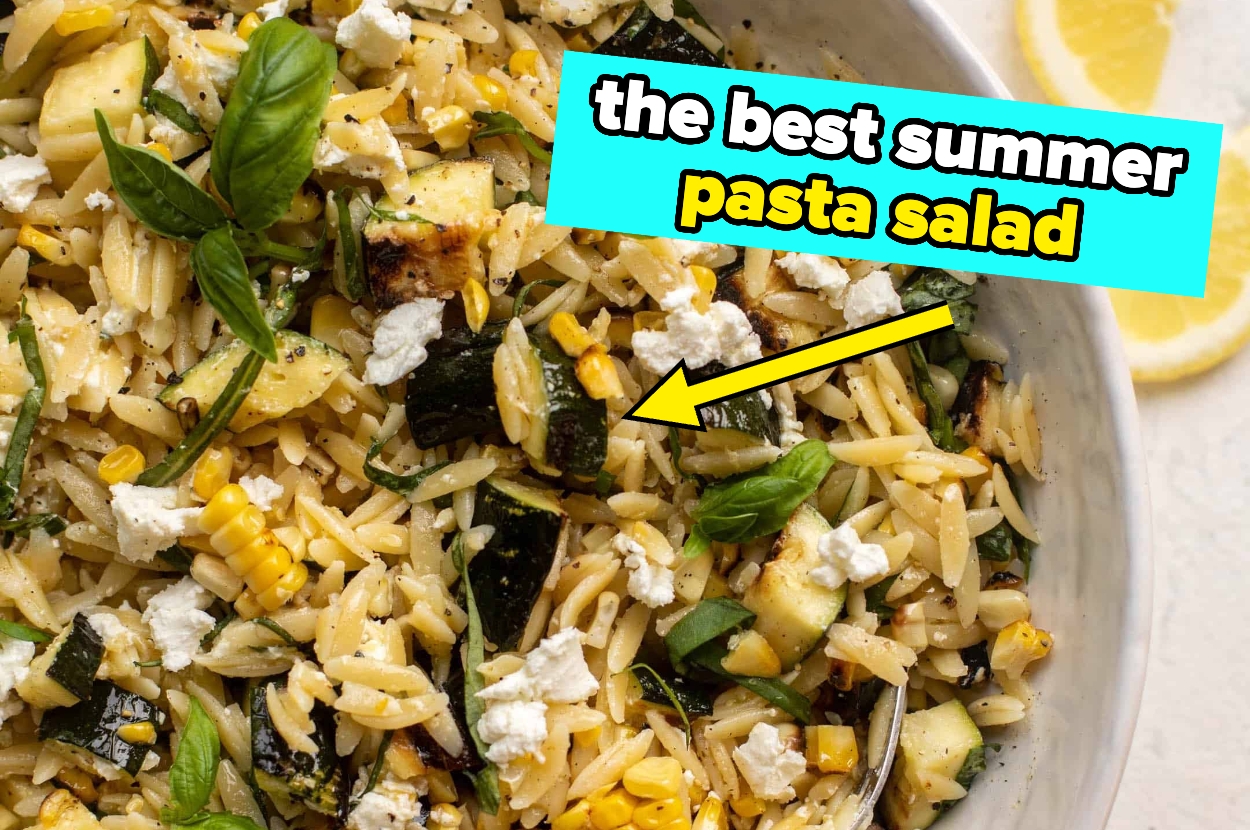 Orzo pasta salad with grilled veggies, feta, and basil is labeled "the best summer pasta salad."