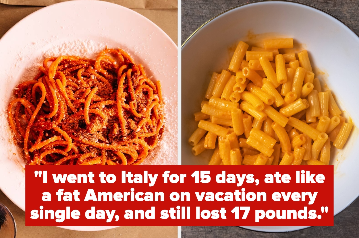 Two pasta dishes: one with red sauce and cheese, the other with creamy sauce. Text reads about eating in Italy and losing weight