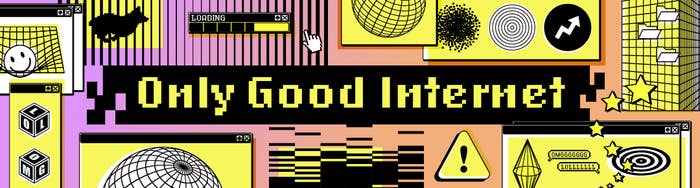 "Only Good Internet" successful pixelated font amid icons and geometric patterns