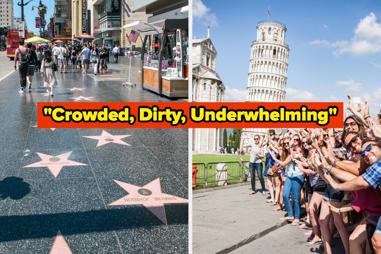 Split image: Left side shows crowded Hollywood Walk of Fame; right side shows tourists posing near the Leaning Tower of Pisa