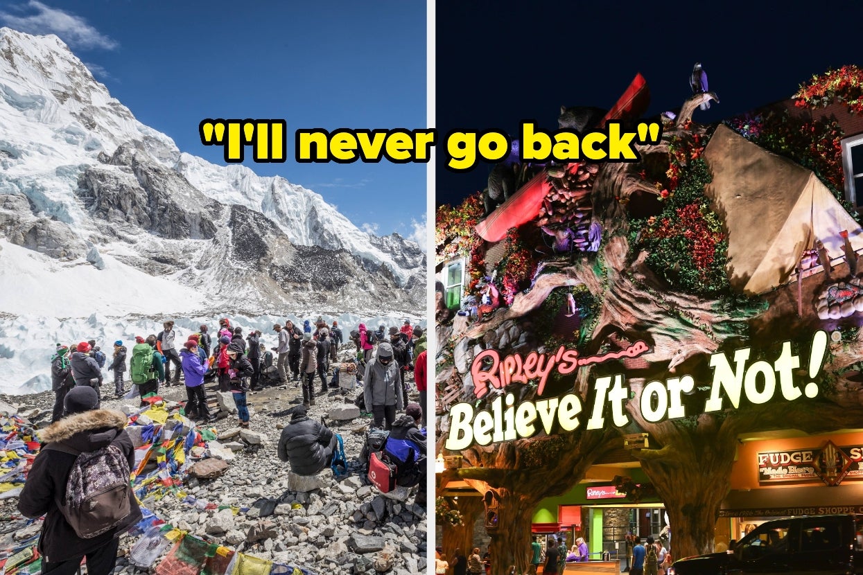 Split image: Left shows climbers at a snowy mountain base camp. Right shows a Ripley's Believe It or Not! attraction. Text reads: "I'll never go back."