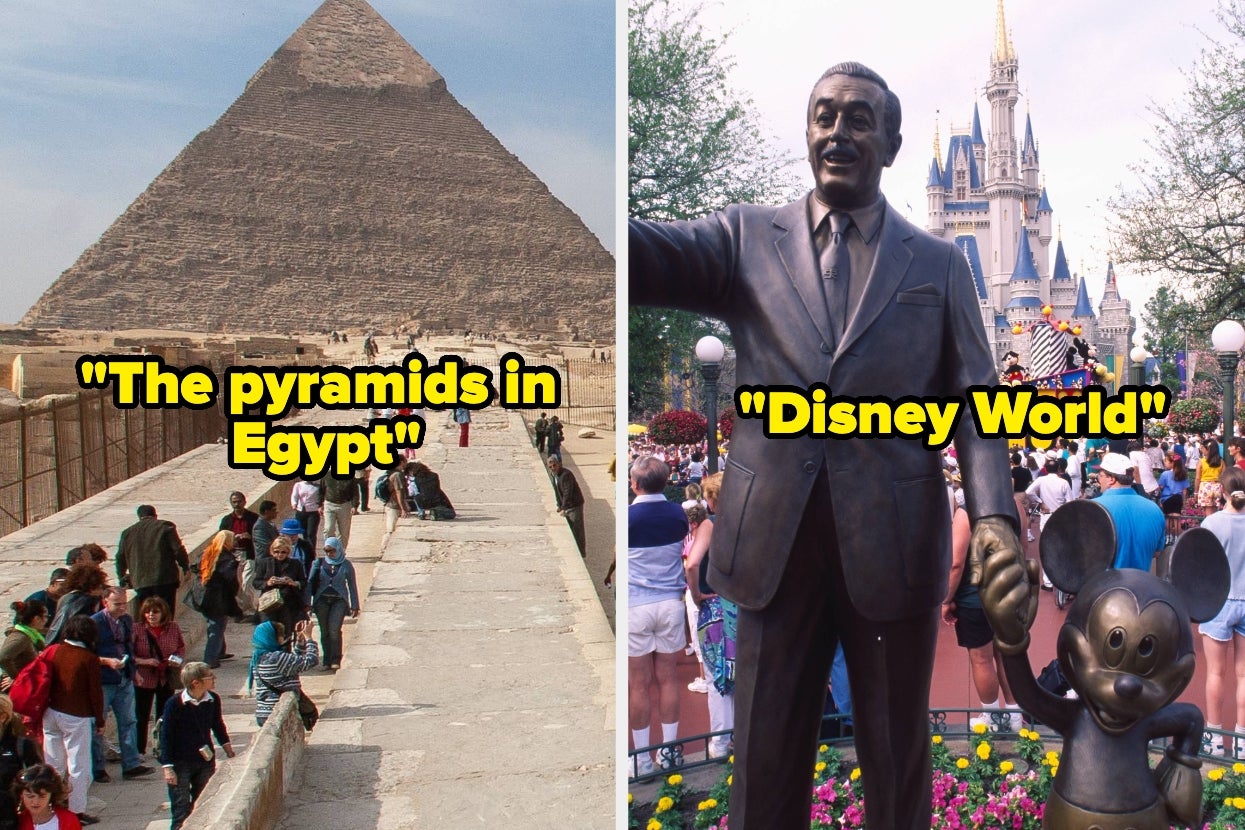Split image showing tourists at the Pyramids of Egypt on the left and visitors at Disney World near a statue on the right