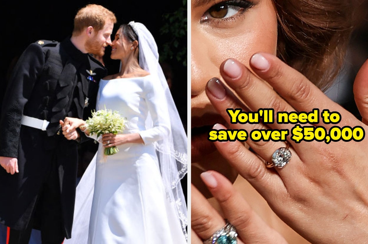 Wedding couple on left; woman shows engagement ring on right with text, "You'll need to save over $50,000."