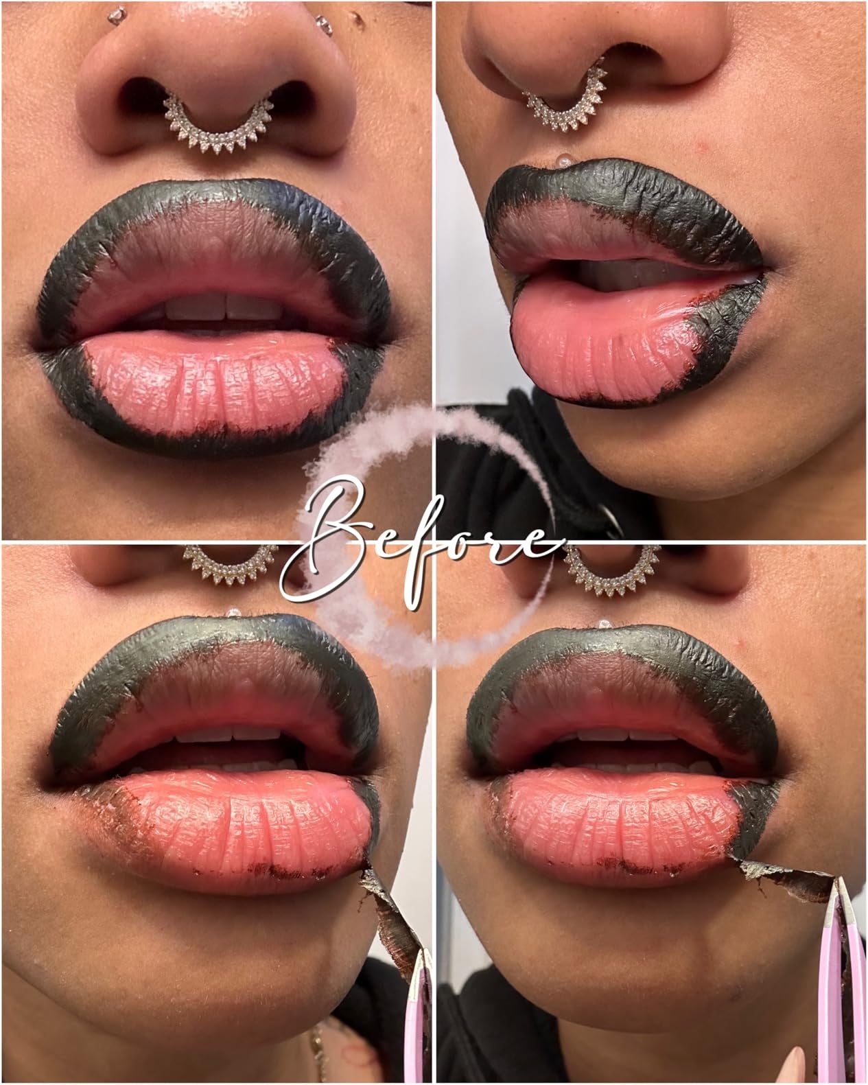 Close-up of a idiosyncratic   applying articulator  balm to region   achromatic  lipstick, revealing earthy  lips beneath. Text reads 