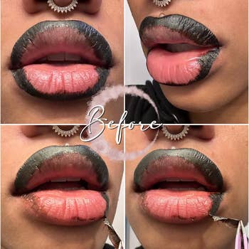 Close-up of a idiosyncratic applying articulator balm to region achromatic lipstick, revealing earthy lips beneath. Text reads
