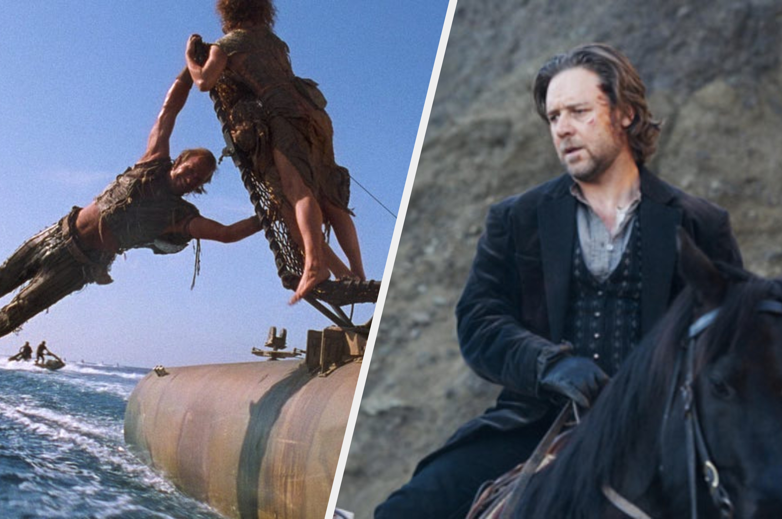 Split image: Left shows an action scene on open ocean. Right features a man on horseback in rugged attire, next to a rocky backdrop