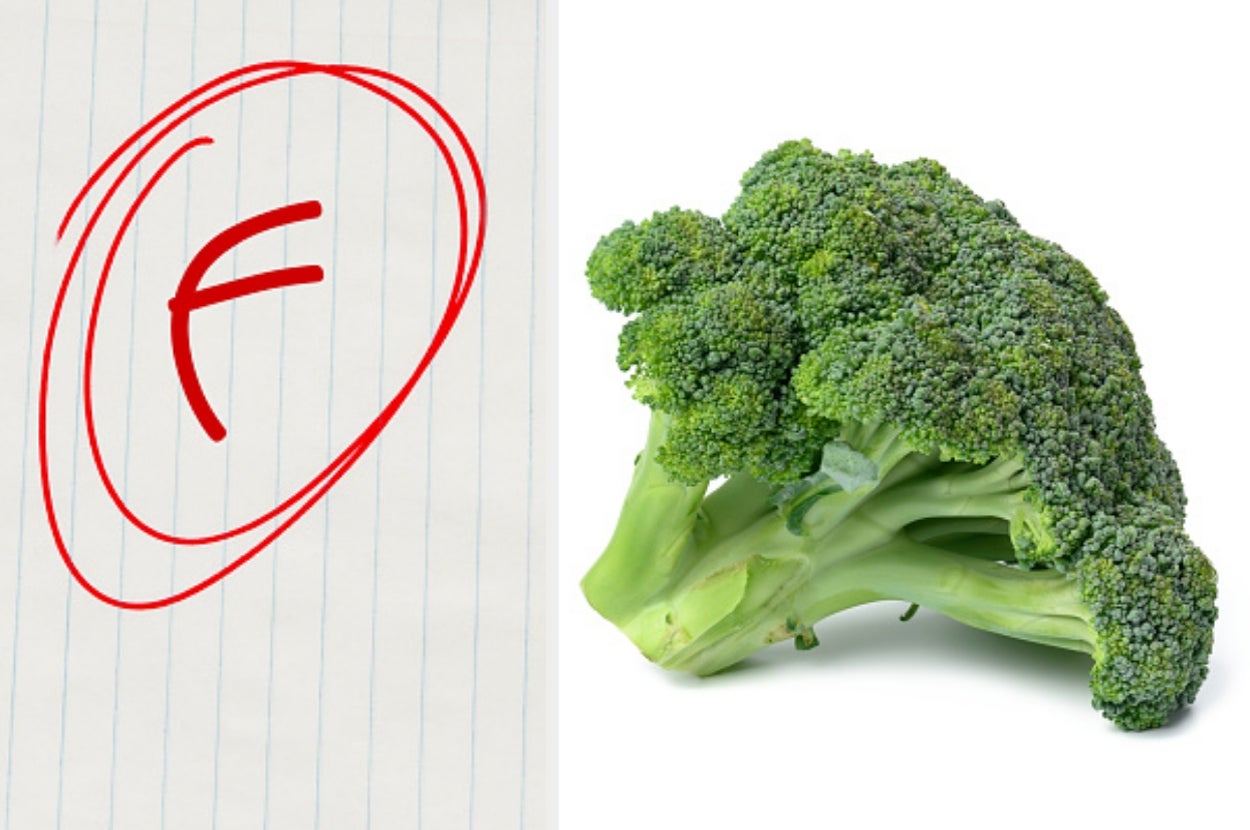 Image of a red "F" grade circled on lined paper next to a broccoli floret
