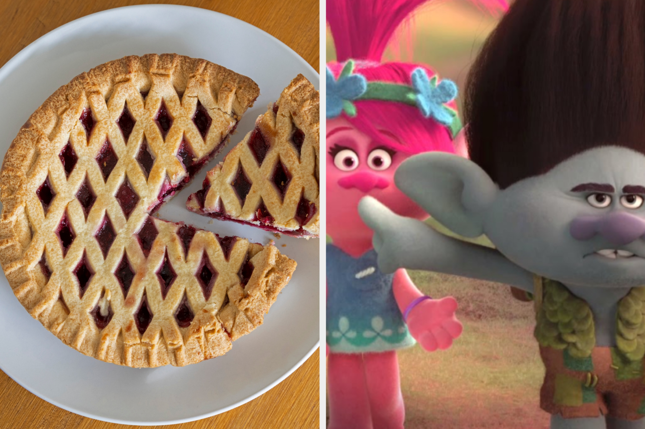 A lattice-topped berry pie with two slices removed, next to a still of cartoon trolls, one with a flower crown