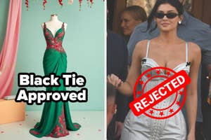 A mannequin displays a green gown with floral details. Next to it, a woman in an off-white corset dress with sunglasses and "Rejected" stamp