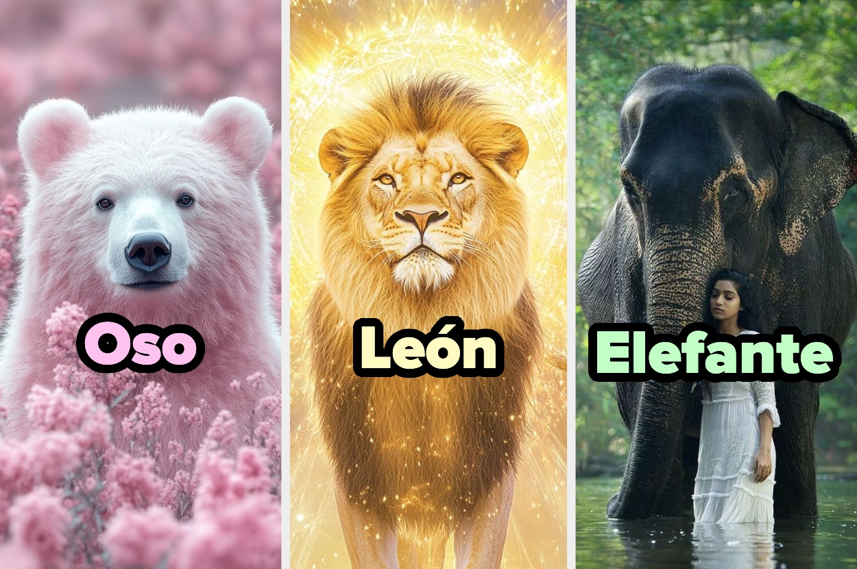 Imagen de un oso rosado, un león con luz brillante, y un elefante junto a una persona en un bosque. Texto: "Oso", "León", "Elefante"