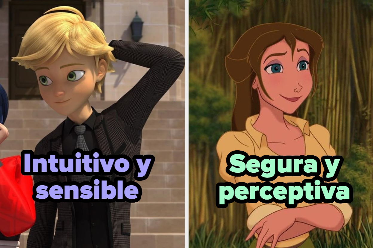 Dos personajes animados, uno rubio con traje negro, etiquetado como "Intuitivo y sensible", y otro con camisa beige, etiquetado como "Segura y perceptiva"