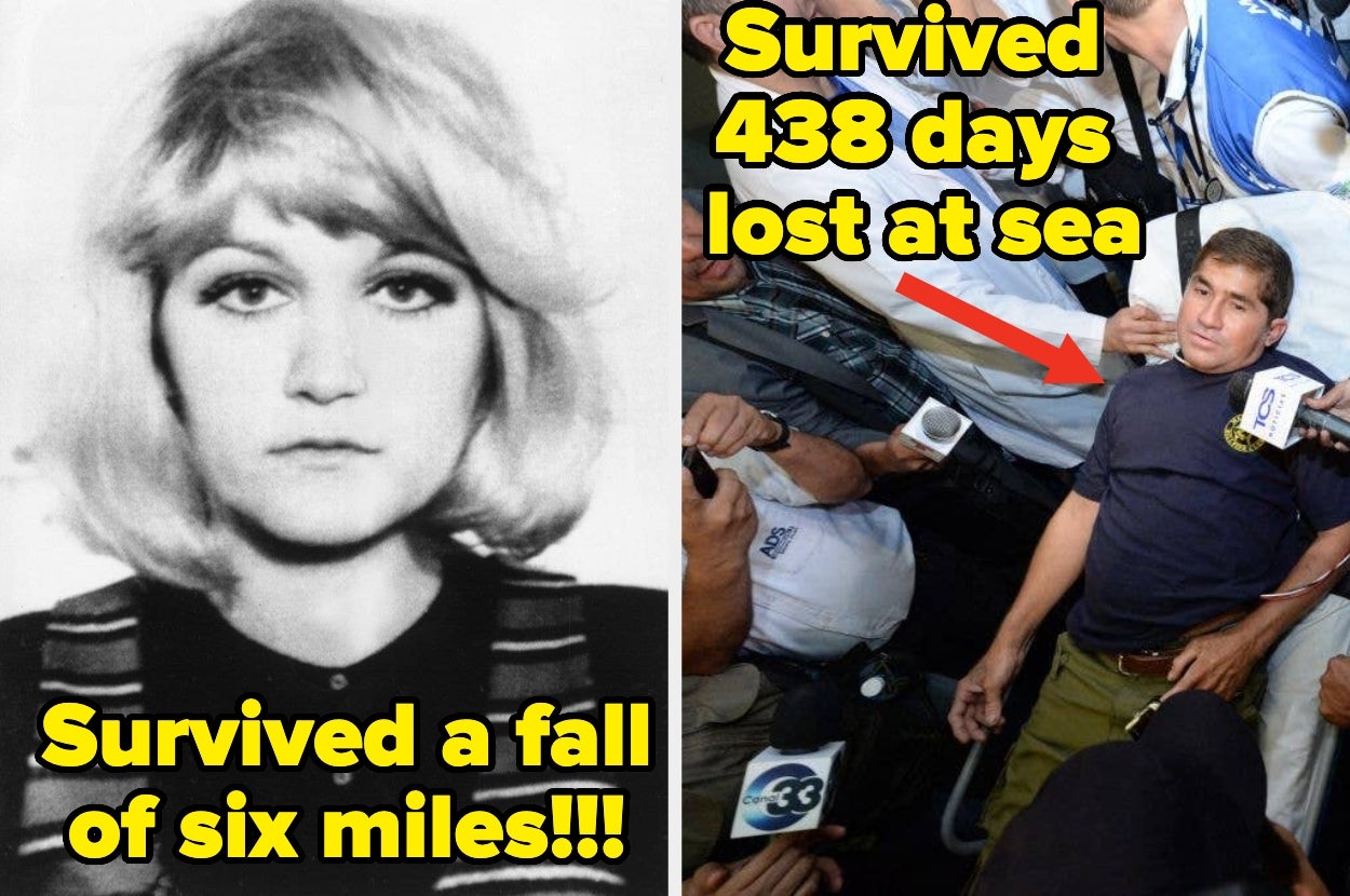 Left: Woman with caption "Survived a fall of six miles." Right: Man surrounded by press with caption "Survived 438 days lost at sea."