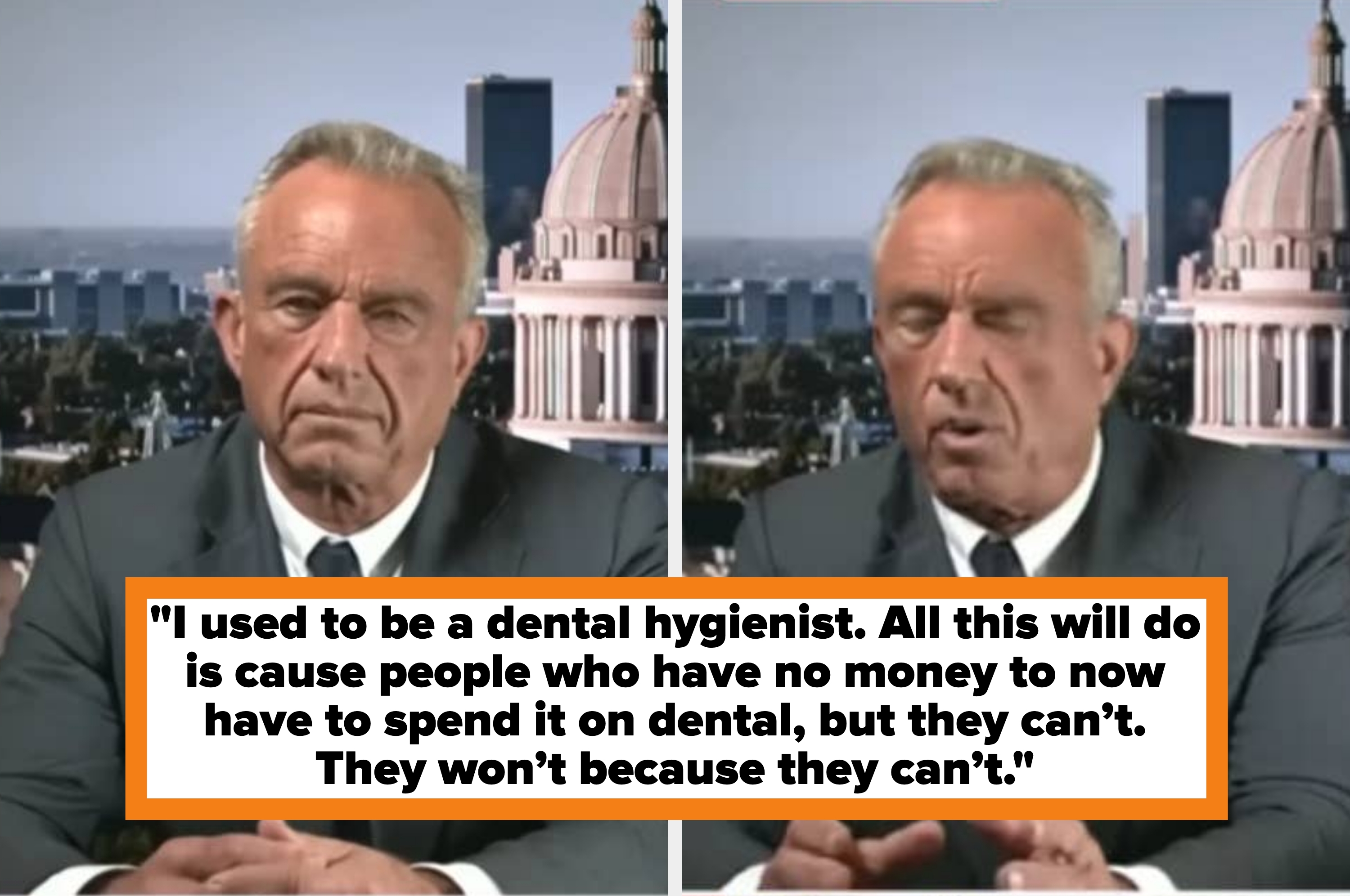 Man in suit speaking on split-screen video with a cityscape backdrop, including a dome and skyscrapers