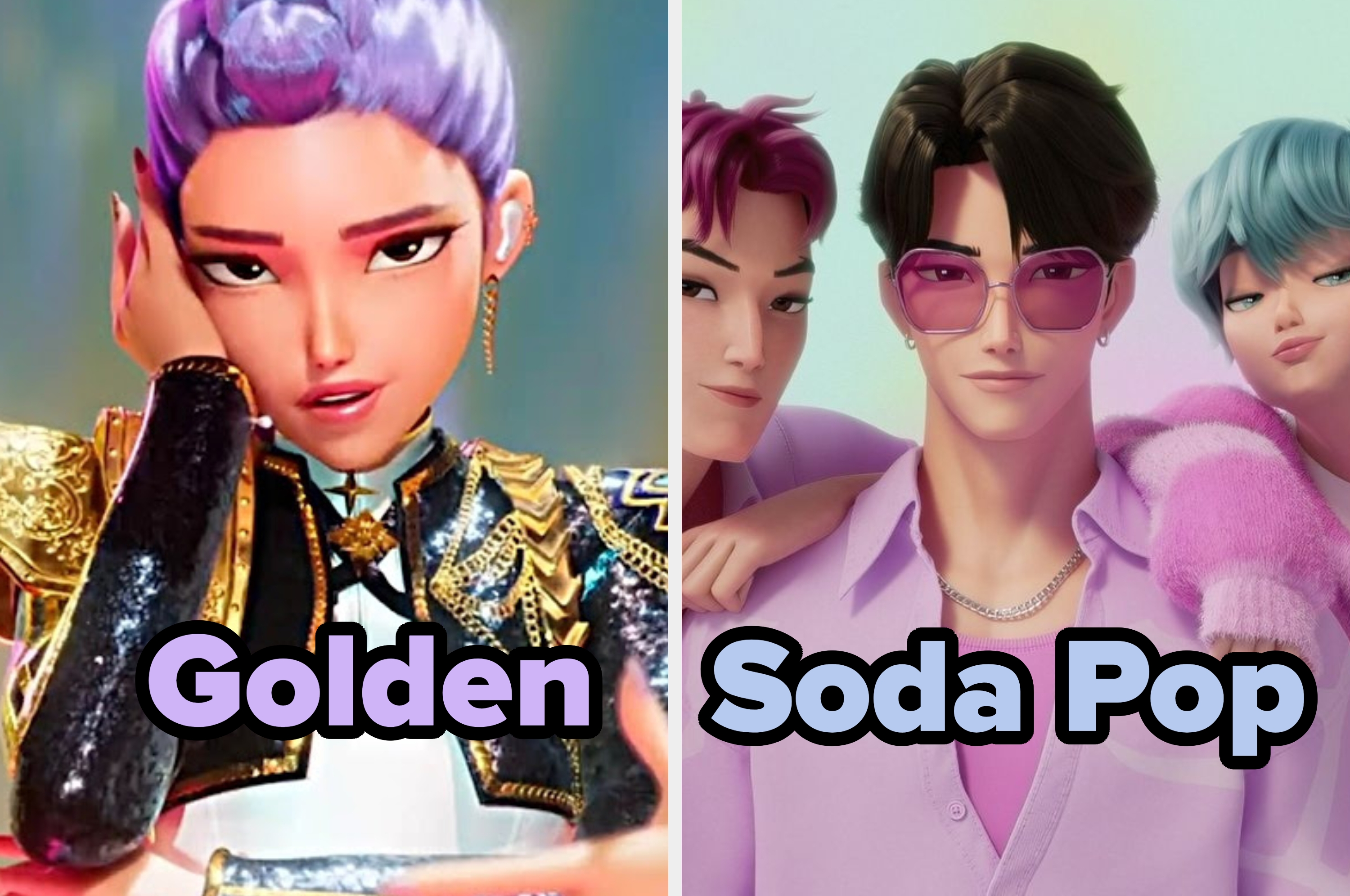 Personajes animados estilizados en una imagen dividida: a la izquierda, un personaje con atuendo dorado; a la derecha, tres con estilo moderno y gafas